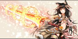  animal_ears armor azure_luna black_hair cat_ears clothing_cutout commentary_request female grey_background long_hair looking_at_viewer magic_circle navel_cutout open_mouth original red_eyes ribbon simple_background solo standing sword thighhighs very_long_hair weapon 