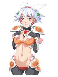  animal_ears black_gloves blush breast_suppress breasts commentary_request cropped_legs female fingerless_gloves gloves grey_hair groin hairband heart junketsu_duelion lavi_phanfone midriff navel official_art photoshop_(medium) rabbit_ears red_eyes robot_ears short_hair simple_background solo takoyaki_neko-san white_background 