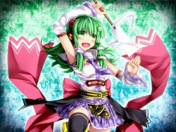  alternate_costume blush boots bow commentary_request detached_sleeves female frog frog_hair_ornament gohei green_eyes green_hair hair_ornament headset highres kazetto kochiya_sanae long_hair necktie open_mouth photoshop_(medium) skirt smile snake solo thighhighs touhou wide_sleeves zettai_ryouiki 