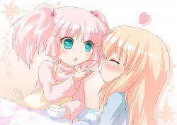  2girls ^_^ apron aqua_eyes blonde_hair blush closed_eyes commentary_request feeding hair_bobbles hair_ornament heart kagerou_(kers) long_hair multiple_girls pink_hair short_hair spoon toshinou_kyouko twintails yoshikawa_chinatsu yuru_yuri 