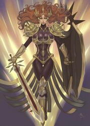  armor bad_id bad_pixiv_id bikini_armor blue_eyes bodysuit boots breasts brown_hair curvy ear_protection female forehead_protector gauntlets highres huge_breasts league_of_legends leg_armor leona_(league_of_legends) long_hair photoshop_(medium) sainticon shield signature skin_tight solo sword weapon 