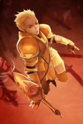  1boy armor bad_id bad_pixiv_id blonde_hair ea_(fate/stay_night) earrings fate/stay_night fate_(series) felice gate_of_babylon_(fate) gilgamesh_(fate) jewelry male_focus photoshop_(medium) realistic red_eyes short_hair solo sword watermark weapon web_address 