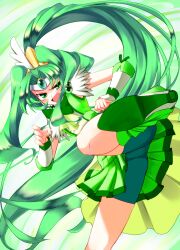  bike_shorts bike_shorts_under_skirt commentary_request cure_march female green_eyes green_hair green_skirt green_theme iwanori long_hair magical_girl midorikawa_nao open_mouth ponytail precure skirt smile_precure solo tiara very_long_hair 