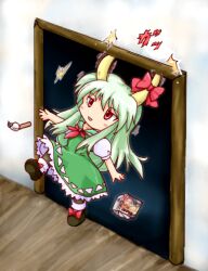  bad_id bad_pixiv_id chibi dress ex-keine female green_dress green_hair horn_ornament horn_ribbon horns inconvenient_horns kamishirasawa_keine long_hair lowres red_eyes ribbon solo touhou zipang_(zip@ng_works) 