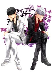  2boys argent-ag bad_id bad_pixiv_id black_hair grey_hair male_focus multiple_boys narukami_yuu palette_swap persona persona_4 persona_4:_the_ultimate_in_mayonaka_arena red_eyes school_uniform yellow_eyes 