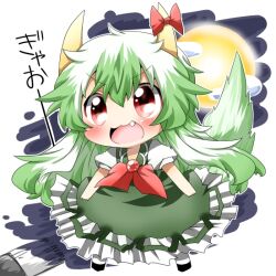  :3 bad_id bad_pixiv_id blush brush chibi cloud dress ex-keine female full_moon gao green_dress green_hair horn_ornament horn_ribbon horns kamishirasawa_keine long_hair moon neckerchief night oerba_yun_fang open_mouth puffy_sleeves rebecca_(keinelove) red_eyes ribbon shirt short_sleeves sky smile solo tail touhou translated very_long_hair 