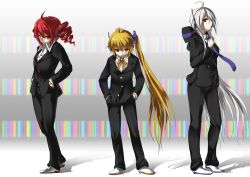  3girls ahoge akita_neru asymmetrical_hair blonde_hair bow commentary_request crossover dress_shirt drill_hair eyeball formal grey_hair hairbow hands_in_pockets headphones headset highres kasane_teto long_hair multiple_girls necktie pink_eyes red_eyes red_hair shirt short_hair side_ponytail suit tadano_magu twin_drills twintails utau very_long_hair vocaloid yellow_eyes yowane_haku 