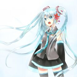  aqua_eyes aqua_hair bad_id bad_pixiv_id detached_sleeves female hatsune_miku long_hair necktie niseneko_(mofumofu_ga_ienai) open_mouth skirt solo thighhighs twintails very_long_hair vocaloid 