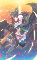  arm_cannon arm_up armor black_thighhighs bow brown_hair cape commentary female greaves green_bow green_skirt hairbow long_hair looking_at_viewer north_abyssor photoshop_(medium) red_eyes reiuji_utsuho single_greave skirt smile solo thighhighs touhou weapon wings 