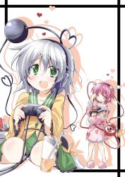  2girls ^^^ bibi02 blush book cable character_doll commentary_request controller drinking_straw eyeball frills game_controller glass green_eyes grey_hair hairband hakurei_reimu hat hat_ribbon headphones heart heart_of_string heart_print juice kirisame_marisa komeiji_koishi komeiji_satori multiple_girls one_eye_closed open_mouth pajamas panties pink_eyes pink_hair playing_games ribbon sandals seiza short_hair sitting skirt sleepy sweatdrop third_eye touhou underwear unworn_hat unworn_headwear white_panties 