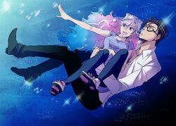  1boy bad_id bad_pixiv_id black_hair blue_hair carrying female floating glasses long_hair multicolored_hair outarou_(haiiro) outstretched_arm pantyhose princess_carry purple_eyes purple_hair ran_to_haiiro_no_sekai short_hair star_(symbol) uruma_ran yukimatsu 