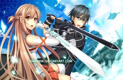  1boy aincrad asuna_(sao) bad_id bad_pixiv_id black_eyes black_hair braid brown_eyes brown_hair castle detached_sleeves elucidator female fingerless_gloves floating floating_island floating_object gloves holding holding_sword holding_weapon husband_and_wife kamaniki kirito lambent_light long_hair open_mouth rapier short_hair sword sword_art_online thighhighs very_long_hair watermark weapon web_address 