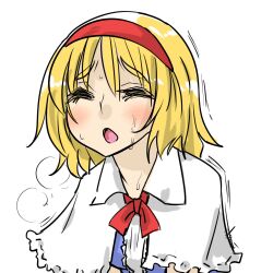  alice_margatroid blonde_hair blush capelet closed_eyes commentary dress female heavy_breathing open_mouth seki_(red_shine) sexually_suggestive short_hair solo sweat touhou trembling 