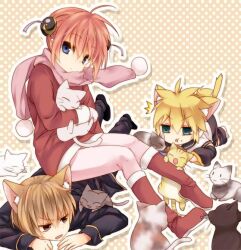  2boys blonde_hair blue_eyes boots brown_eyes brown_hair bun_cover commentary_request crossover double_bun feline female gintama hair_bun kagamine_len kagura_(gintama) maruki_(punchiki) multiple_boys okita_sougo orange_hair scarf short_hair too_many too_many_cats vocaloid 