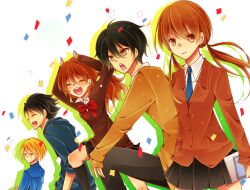  2girls 3boys black_hair blazer blonde_hair book brown_hair commentary_request jacket long_hair mizutani_shizuku multiple_boys multiple_girls natsume_asako necktie sasahara_souhei school_uniform sonoruru3131 tonari_no_kaibutsu-kun twintails yamaguchi_kenji yoshida_haru 