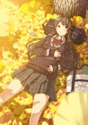  autumn_leaves bad_id bad_pixiv_id bag black_eyes black_hair book bow digital_media_player earphones female highres long_hair lying on_back onsen_nakaya original skirt smile solo tree twintails under_tree 