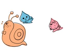  2boys agemono antenna antennae blue bow bowtie chasing female female flying food fruit lowres male multiple_boys no_humans orange pink pixel_art pururun!_shizuku-chan shell shizuku_(pururun!_shizuku-chan) snail sprite sweat tsumurin_(pururun!_shizuku-chan) uruoi_(pururun!_shizuku-chan) wings 