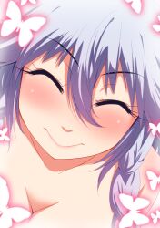  bad_id bad_pixiv_id blush braid breasts bug butterfly cleavage close-up closed_eyes commentary_request female grey_hair hayashi_custom izayoi_sakuya medium_breasts photoshop_(medium) smile solo touhou twin_braids 