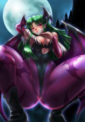  animal_print bare_shoulders bat_print bat_wings boken_fantasy boots breasts bridal_gauntlets cleavage commentary_request demon_girl elbow_gloves female finger_to_own_chin full_moon gloves green_eyes green_hair head_wings highres large_breasts legs leotard long_hair moon morrigan_aensland pantyhose pink_eyes print_pantyhose purple_wings seductive_smile smile solo spread_legs squatting thick_thighs thighs tongue tongue_out vampire_(game) wings 