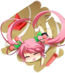  ahoge cherry chibi closed_eyes commentary_request fallen_down falling female food fruit hatsune_miku long_hair n39 open_mouth pink_hair relay_baton relay_race running_track sakura_miku socks solo track_and_field traffic_cone twintails very_long_hair vocaloid 