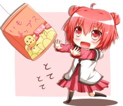  akaza_akari chips_(food) commentary_request double_bun female food hair_bun mini_person minigirl nanamori_school_uniform potato_chips red_eyes red_hair school_uniform serafuku short_hair solo warabi_mochi_(ehimedaisuki) yuru_yuri 