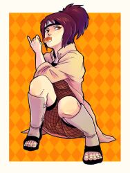  dango eating feet female fishnets food forehead_protector mitarashi_anko mitarashi_dango naruto ponytail purple_hair sitting solo tamagokara toes wagashi 