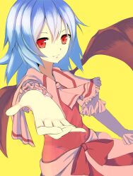  absurdres ascot bad_id bad_pixiv_id bat_wings blue_hair bow capelet commentary_request female foreshortening highres layered_sleeves long_sleeves looking_at_viewer no_headwear outstretched_arm pink_ascot reaching reaching_towards_viewer red_bow red_eyes remilia_scarlet ribbon short_hair short_over_long_sleeves short_sleeves simple_background smile solo touhou tsumayouji_(tumayog) wings yellow_background 