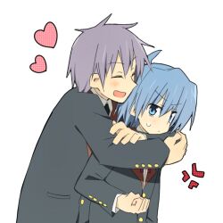  2boys anger_vein angry ayasaki_hayate bad_id bad_pixiv_id blue_eyes blue_hair blush butler closed_eyes formal grey_hair hayate_no_gotoku! hug male_focus multiple_boys purple_hair segawa_kotetsu shacttainw suit 