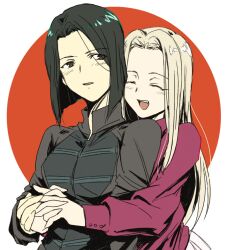  2girls ^_^ bad_id bad_pixiv_id black_eyes black_hair bob_cut closed_eyes fate/zero fate_(series) hisau_maiya hug hug_from_behind irisviel_von_einzbern long_hair multiple_girls quedan short_hair simple_background smile white_hair 