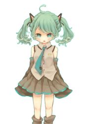  ahoge alternate_hair_length alternate_hairstyle animal_ears asahi_(pamuko) bad_id bad_pixiv_id cat_ears detached_sleeves fake_animal_ears female green_eyes green_hair hatsune_miku highres kemonomimi_mode long_sleeves looking_at_viewer necktie oerba_yun_fang open_mouth shirt skirt smile solo twintails vocaloid wide_sleeves 