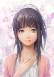  black_hair casual chitanda_eru commentary_request female hand_on_own_chest highres hyouka long_hair looking_at_viewer photoshop_(medium) ponytail purple_eyes realistic smile solo zhenlin 