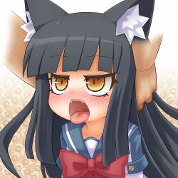  1boy alexi_(tits!) animal_ears black_hair blush cat_ears felpurr female hands_on_another&#039;s_head head_grab hime_cut ken_to_mahou_to_gakuen_mono long_hair looking_up open_mouth ribbon school_uniform solo_focus straight sweat tongue yellow_eyes 