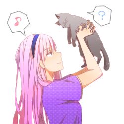  ? animal bad_id eighth_note feline female hairband holding holding_animal lifting lifting_animal long_hair looking_up megurine_luka memayuta musical_note pink_hair profile simple_background smile solo spoken_musical_note spoken_question_mark unmoving_pattern vocaloid 