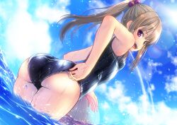  :d amamiya_minato ass bad_id bad_pixiv_id ball beachball blush brown_hair female hair_bobbles hair_ornament one-piece_swimsuit open_mouth original photoshop_(medium) ponytail purple_eyes school_swimsuit shiny_clothes smile solo sunlight swimsuit wading water wet 