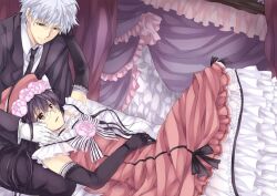  2boys bad_id bad_pixiv_id bed black_hair brown_eyes ciel_phantomhive ciel_phantomhive_(cosplay) ciel_phantomhive_(robin_dress) cosplay crossdressing dress elbow_gloves formal frills gintama glasses gloves gown hat kuroshitsuji male_focus maruki_(punchiki) multiple_boys otoko_no_ko red_eyes sakata_gintoki shimura_shinpachi suit twintails white_hair 