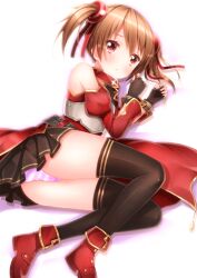  armor bad_id bad_pixiv_id bare_shoulders black_thighhighs blush breastplate brown_hair detached_sleeves female fingerless_gloves gloves hair_ribbon highres looking_at_viewer lying on_side panties red_eyes ribbon silica skirt solo striped_clothes striped_panties sword_art_online swordsouls thighhighs twintails underwear 