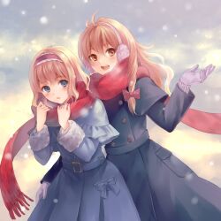  2girls :d :o alice_margatroid alternate_costume arm_around_waist bad_id bad_pixiv_id blonde_hair blue_eyes blush capelet earmuffs fukahire_(ruinon) gloves hairband highres kirisame_marisa looking_at_viewer multiple_girls no_headwear open_mouth red_scarf scarf shared_clothes shared_scarf smile snowing touhou yellow_eyes 