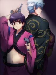  2boys bandages black_hair brown_eyes commentary_request cosplay crop_top gintama glasses grey_hair gun headband kijima_matako kijima_matako_(cosplay) male_focus maruki_(punchiki) midriff multiple_boys red_eyes sakata_gintoki shimura_shinpachi takasugi_shinsuke takasugi_shinsuke_(cosplay) weapon 