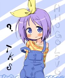  blue_eyes bow commentary_request female hair_ribbon hiiragi_tsukasa lucky_star overalls purple_hair ribbon shirt short_hair strap_slip striped_clothes striped_shirt unyoon_(koorin) 