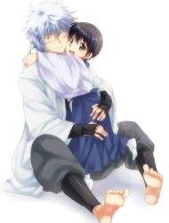  2boys aged_down bad_id bad_pixiv_id barefoot black_hair bloom blush brown_eyes cheek_press gintama grey_hair hug japanese_clothes lolicon male_focus maruki_(punchiki) multiple_boys red_hair sakata_gintoki shimura_shinpachi teenage 