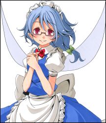  bad_id bad_pixiv_id ballpoint_pen_(medium) bespectacled blue_hair border bow fairy_maid_(touhou) female glasses hairbow looking_at_viewer maid_headdress marker_(medium) own_hands_together pastel_(medium) pointy_ears puffy_sleeves red_eyes shikishi simple_background skirt smile solo touhou traditional_media tsukishiro_saika wings 