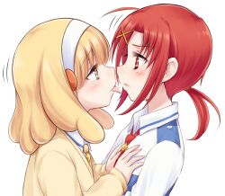  2girls blonde_hair blush commentary_request from_side hairband hands_on_another&#039;s_chest hino_akane_(smile_precure!) multiple_girls nanairogaoka_middle_school_uniform necktie ponytail precure red_eyes red_hair school_uniform simple_background smile_precure suzushiro_yukari tongue tongue_out white_background white_hairband yayoi_kise yellow_eyes yuri 