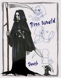  black_sclera blue_eyes cape chibi chibi_inset colored_sclera commentary_request death_(discworld) death_of_rats discworld feline food frying_pan hood mouse_tail no_humans ruruku_z scythe skull snout sword tail weapon 