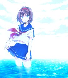  blue_eyes brown_hair choker commentary_request female hairband looking_at_viewer navel official_alternate_costume pleated_skirt rita_mordio rita_mordio_(exchange_student) school_uniform serafuku short_hair skirt skirt_hold solo tales_of_(series) tales_of_vesperia wading water yukiiti 