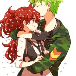  1boy bad_id bad_pixiv_id dandruff female flaky_(happy_tree_friends) flippy_(happy_tree_friends) gloves green_hair happy_tree_friends hug long_hair lowres military military_uniform personification ponytail red_eyes red_hair short_hair uniform yy888s 