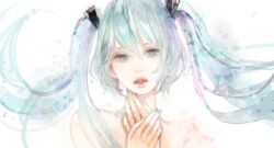  aqua_eyes aqua_hair bad_id bad_pixiv_id bare_shoulders female floating_hair hatsune_miku long_hair miya_(akatabi_dante) nail_polish portrait solo twintails vocaloid 