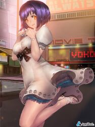  commentary_request female fingernails furyou_michi_~gang_road~ glint high_heels lips looking_at_viewer nail_polish nal_(nal&#039;s_pudding) orange_eyes photoshop_(medium) purple_hair shoes short_hair skirt smile solo sparkle toenail_polish toenails white_skirt 