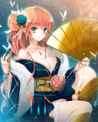  bare_shoulders blue_eyes bracelet breasts bug butterfly cleavage commentary_request female flower folding_fan hair_bun hair_flower hair_ornament hand_fan japanese_clothes jewelry kimono leg_up mami_(apsaras) medium_breasts orange_hair original ring single_hair_bun sitting solo 