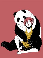  1boy animal bad_id bad_pixiv_id barefoot full_body male_focus panda shiro_(reptil) simple_background sitting solo tennis_no_ouji-sama tooyama_kintarou 