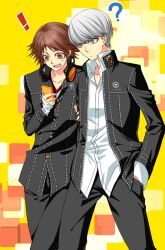  ! 2boys ? argent-ag brown_eyes brown_hair cellphone commentary_request grey_eyes grey_hair hanamura_yousuke headphones headphones_around_neck houndstooth male_focus multiple_boys narukami_yuu persona persona_4 phone school_uniform 